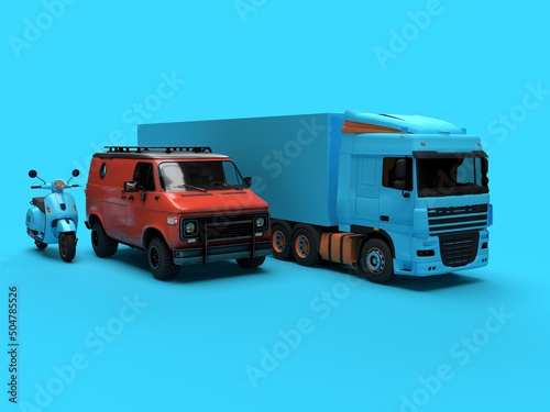 3d render scooter minibus and truck on a blue logistics background