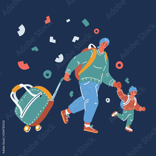 Cartoon vector illustration of mother running with her baby. Refugies concept.