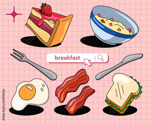 Breakfast concept. Drawn delicious breakfast of scrambled eggs, bacon, sandwich and dessert. On a geometric pink background. With 90 style search box. Flat design for your menus, banners, stickers.