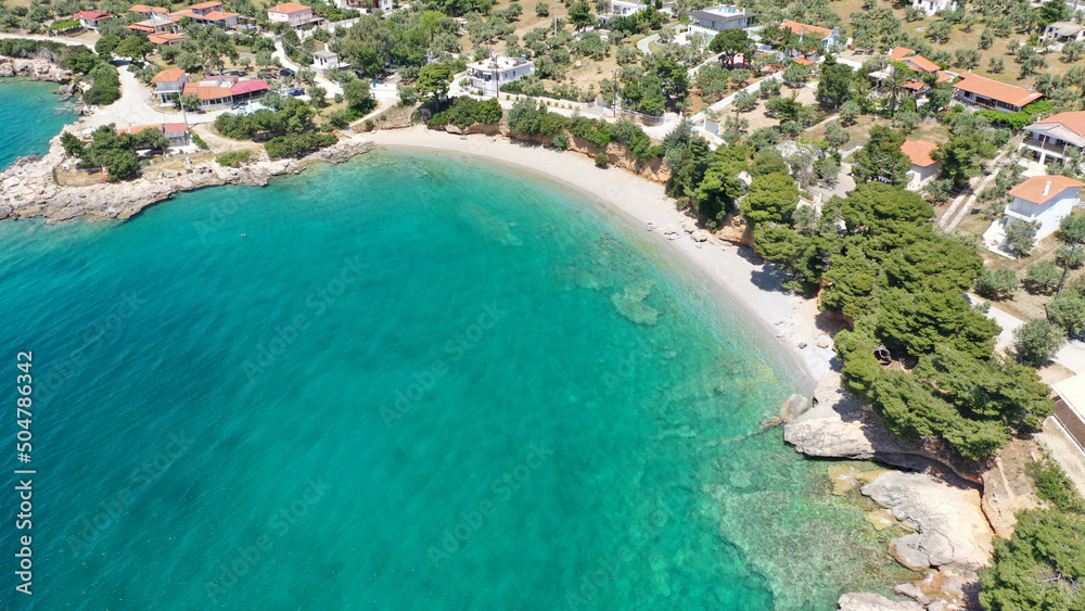 Aerial drone photo of small paradise beach of Prosilio in Porto Germeno, Corinthian gulf, West Attica, Greece