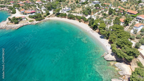 Aerial drone photo of small paradise beach of Prosilio in Porto Germeno, Corinthian gulf, West Attica, Greece © aerial-drone
