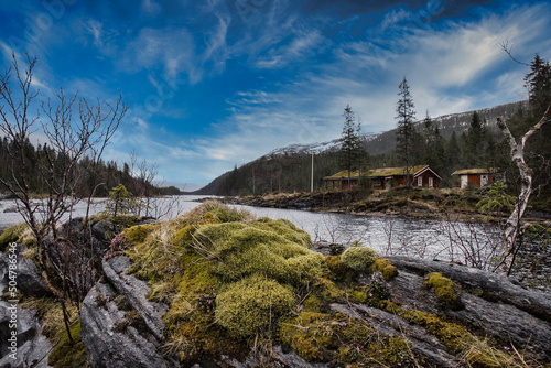 Norwegian river landscape with houses