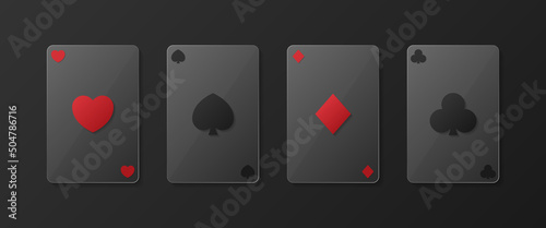 Set of four playing cards suits. Poker cards in glassmorphism style on dark background. Hearts, diamonds, clubs and spades suits. Vector EPS 10
