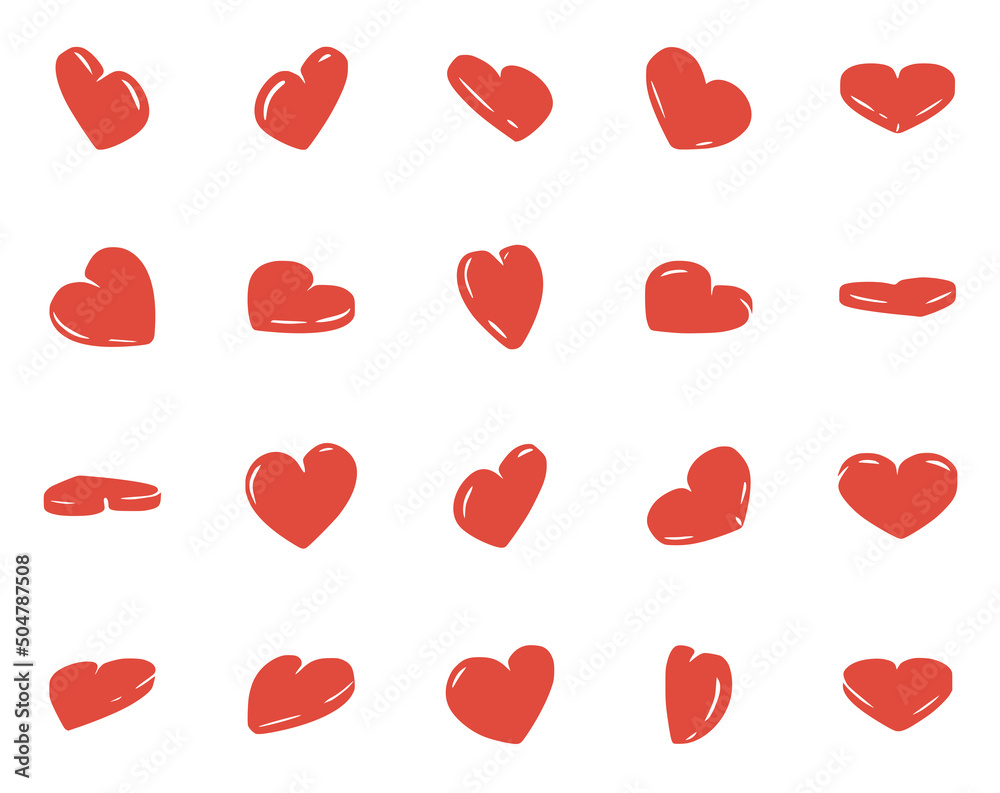 Vector set of hand drawn red heart symbols isolated on white background