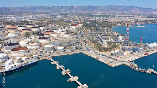 Aerial drone photo of Hellenic Petroleum and crude oil industrial Site of Elefsina, Attica, Greece