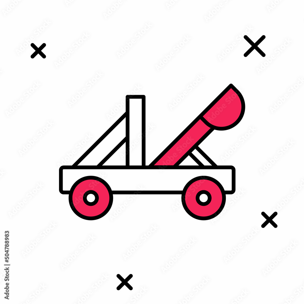 Filled outline Old medieval wooden catapult shooting stones icon isolated on white background. Vector Filled outline Old medieval wooden catapult shooting stones icon isolated on white background. Vector