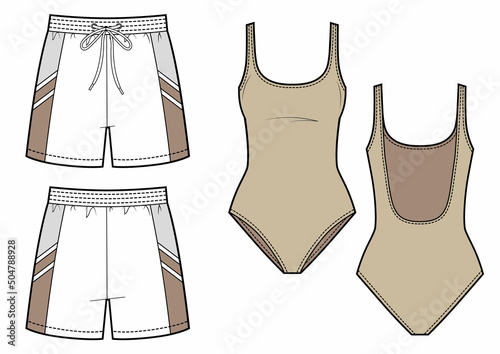 Women's swimsuit and men's swimming trunks shorts for swimming.