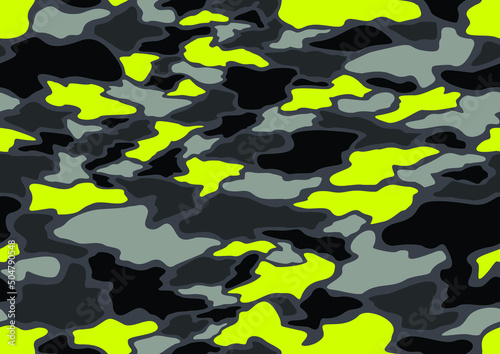 Camouflage texture seamless pattern with curve spots. Abstract modern military endless background for fabric and fashion print. Vector illustration.
