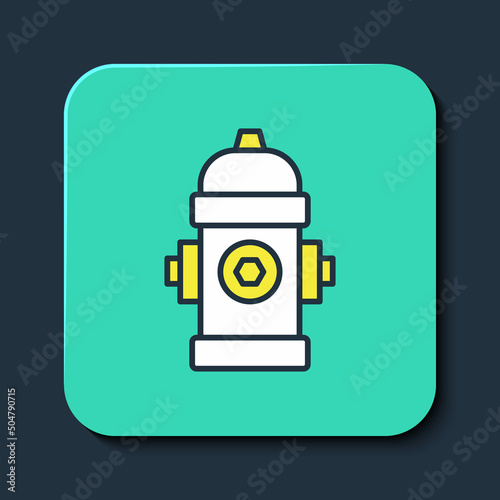 Filled outline Fire hydrant icon isolated on blue background. Turquoise square button. Vector