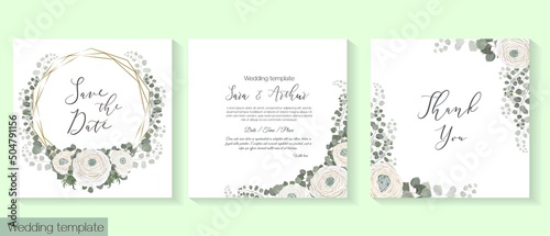 Vector template for wedding invitation. White ranunculus, roses, eucalyptus, green leaves and plants, round frame.