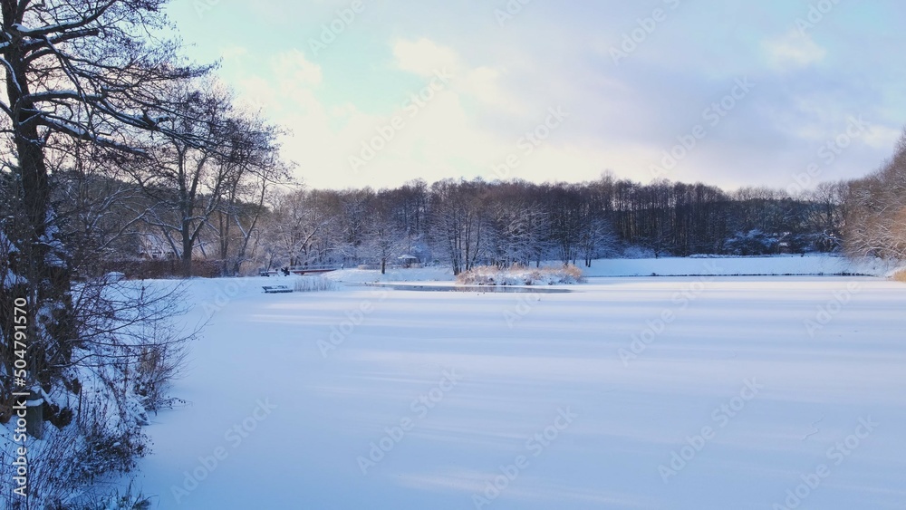 Picturesque Frozen Lake Snowy Winter Landscape