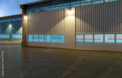 Building with storage spaces. Planting sweet buildings in evening. Hangars with square windows. Lanterns illuminate facade of warehouse buildings. Construction for long term storage. 3d rendering.