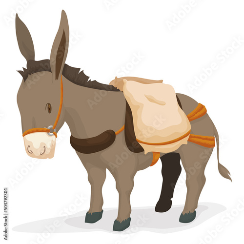 Worker donkey with saddle and cargo on its back, Vector illustration
