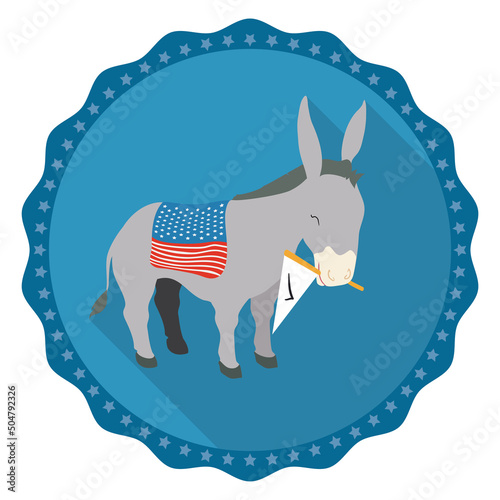 Button with donkey, saddle and pennant for American elections, Vector illustration