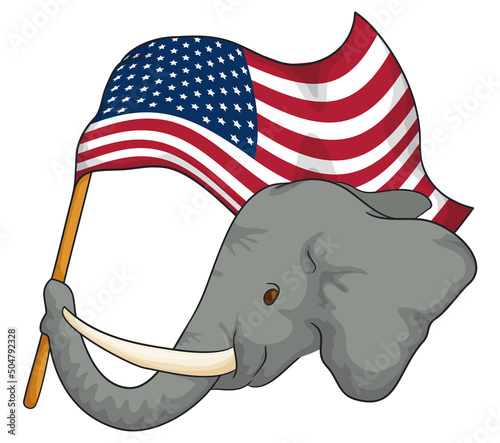 Patriotic elephant face holding an U.S.A. flag with its trunk, Vector illustration