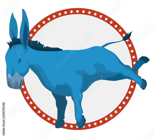 American button with starry frame and blue donkey for elections, Vector illustration