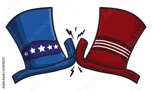 Patriotic and traditional American top hats clashing in cartoon style, Vector illustration