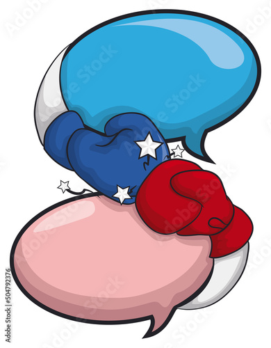 Empty speech bubbles fighting with boxing gloves in cartoon style, Vector illustration