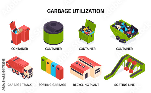 Isometric Colored Garbage Recycling Icon Set