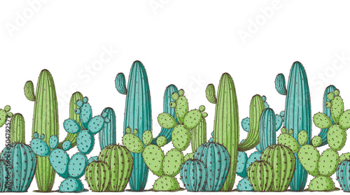 Cacti illustration. Hand drawn border with cacti. Vector illustration. Horizontal seamless.