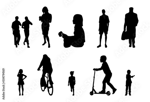 Vector illustration, Outline silhouettes of people, Contour drawing, people silhouette, Icon Set Isolated, Silhouette of sitting people, Architectural set