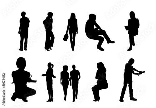 Vector illustration, Outline silhouettes of people, Contour drawing, people silhouette, Icon Set Isolated, Silhouette of sitting people, Architectural set