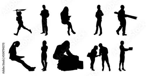 Vector silhouettes, Outline silhouettes of people, Contour drawing, people silhouette, Icon Set Isolated, Silhouette of sitting people, Architectural set	
