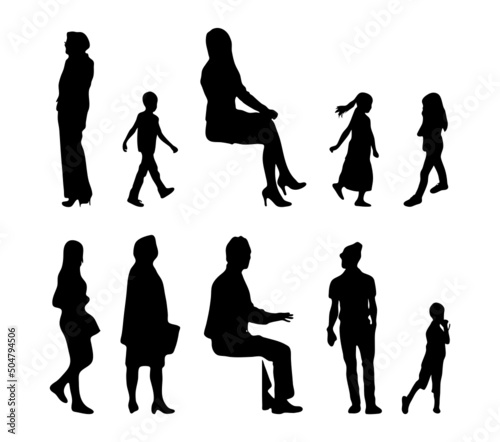 Vector silhouettes, Outline silhouettes of people, Contour drawing, people silhouette, Icon Set Isolated, Silhouette of sitting people, Architectural set	
