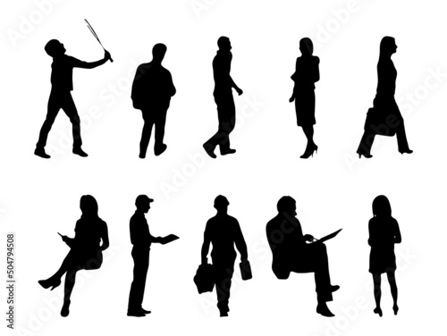 Vector silhouettes, Outline silhouettes of people, Contour drawing, people silhouette, Icon Set Isolated, Silhouette of sitting people, Architectural set	
