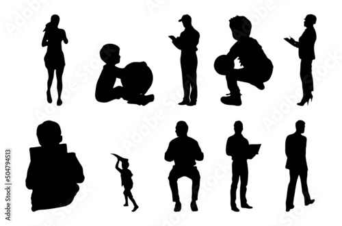 Vector silhouettes, Outline silhouettes of people, Contour drawing, people silhouette, Icon Set Isolated, Silhouette of sitting people, Architectural set	
