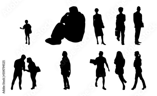 Vector silhouettes, Outline silhouettes of people, Contour drawing, people silhouette, Icon Set Isolated, Silhouette of sitting people, Architectural set	
