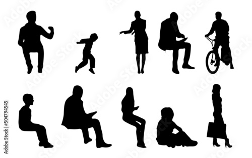 Vector silhouettes, Outline silhouettes of people, Contour drawing, people silhouette, Icon Set Isolated, Silhouette of sitting people, Architectural set	