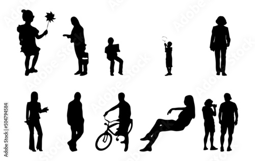 Vector silhouettes, Outline silhouettes of people, Contour drawing, people silhouette, Icon Set Isolated, Silhouette of sitting people, Architectural set	