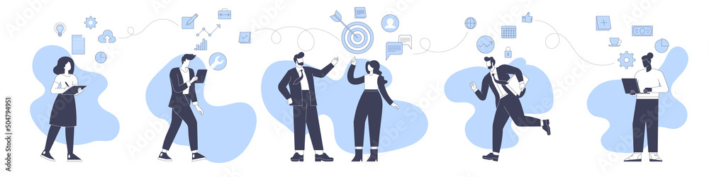 Business team characters working in office, co-working space or remotely at home, freelance, self-employment. Teamwork, office scene collection. Trendy vector style flat isolated illustration Business team characters working in office, co-working space or remotely at home, freelance, self-employment. Teamwork, office scene collection. Trendy vector style flat isolated illustration
