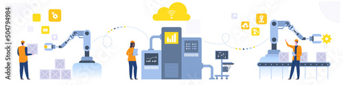 Assembly line with robotic arms and workers Male and female factory workers engineers Automated production process User connecting with a tablet and sharing data with a cyber-physical system Vector