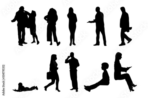 Vector silhouettes, Outline silhouettes of people, Contour drawing, people silhouette, Icon Set Isolated, Silhouette of sitting people, Architectural set	