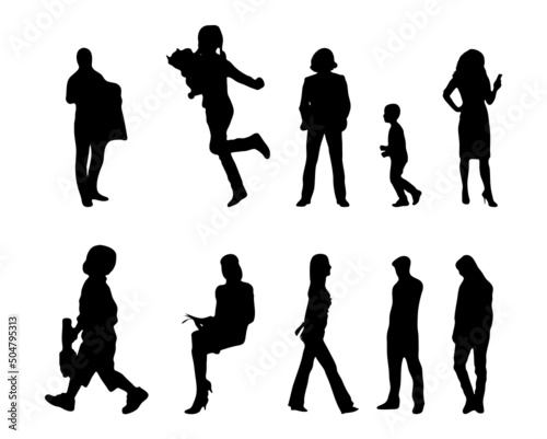 Vector silhouettes, Outline silhouettes of people, Contour drawing, people silhouette, Icon Set Isolated, Silhouette of sitting people, Architectural set	