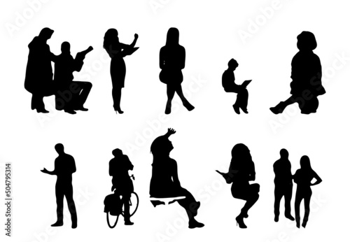 Vector silhouettes, Outline silhouettes of people, Contour drawing, people silhouette, Icon Set Isolated, Silhouette of sitting people, Architectural set	