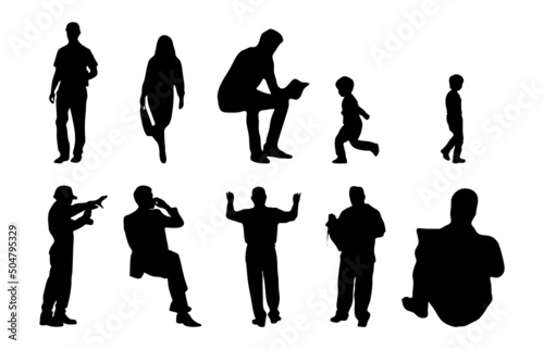 Vector silhouettes, Outline silhouettes of people, Contour drawing, people silhouette, Icon Set Isolated, Silhouette of sitting people, Architectural set	
