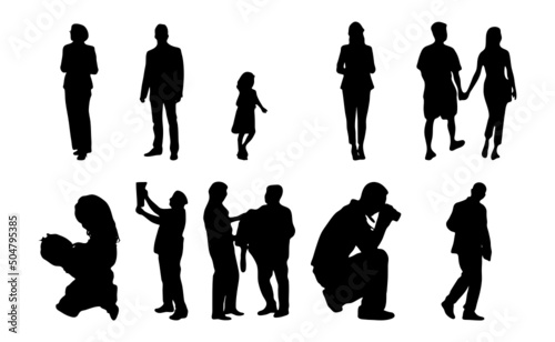 Vector silhouettes, Outline silhouettes of people, Contour drawing, people silhouette, Icon Set Isolated, Silhouette of sitting people, Architectural set	
