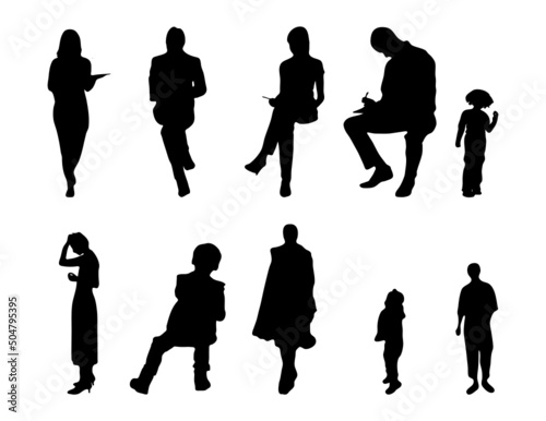 Vector silhouettes, Outline silhouettes of people, Contour drawing, people silhouette, Icon Set Isolated, Silhouette of sitting people, Architectural set	
