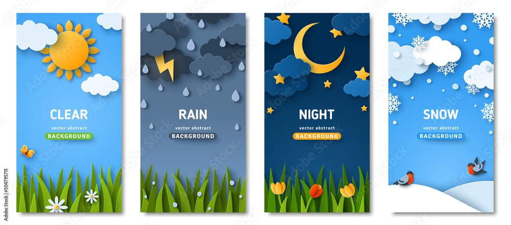 Vertical posters set with fluffy clouds and grass lawn. Weather forecast app widgets. Thunderstorm, rain, sunny day, night and winter snow. Vector illustration. Paper cut style. Place for text - obrazy, fototapety, plakaty 