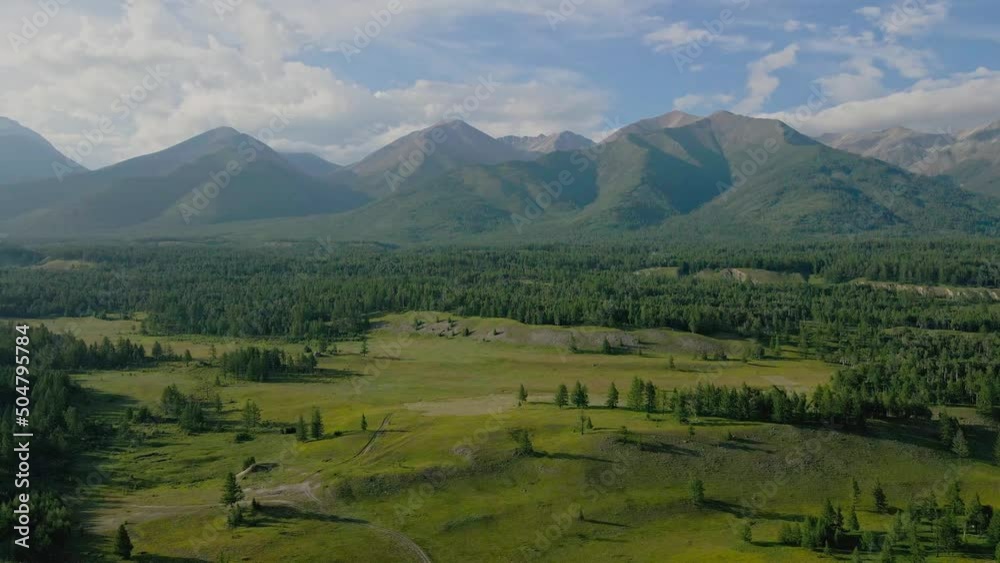 flight over the meadow against the mountains