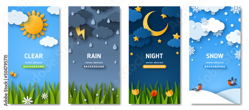 Vertical posters set with fluffy clouds and grass lawn. Weather forecast app widgets. Thunderstorm, rain, sunny day, night and winter snow. Vector illustration. Paper cut style. Place for text