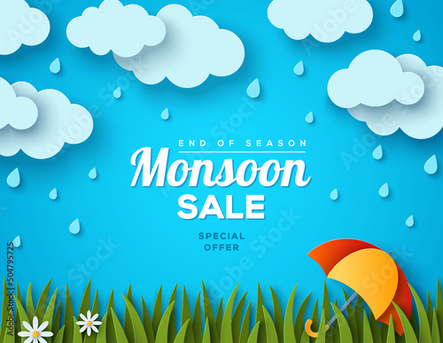 Monsoon sale offer banner template, paper cut clouds, green lawn, colorful umbrella on blue background. Vector illustration. Place for text. Overcast sky, rainy day. Vector illustration.