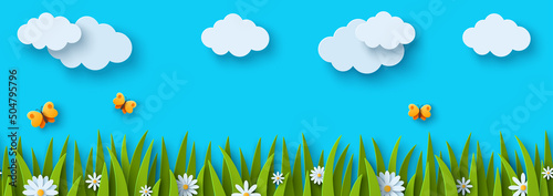 Beautiful fluffy clouds on blue sky background, summer sun, butterfly, green grass lawn. Seamless pattern border, spring header. Vector illustration. Paper cut chamomile daisy flowers. Place for text