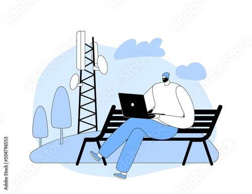 High-speed 5G Internet, Social Media Networking. Young Man Sitting on Bench with Laptop in Hands near Transmission Tower