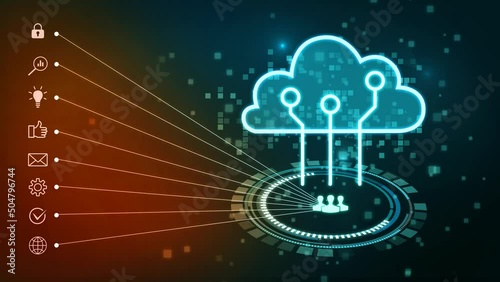Futuristic cloud with pixel digital transformation abstract new technology blue green background. Artificial intelligence and big data concept. Business industry and wifi data storage communication