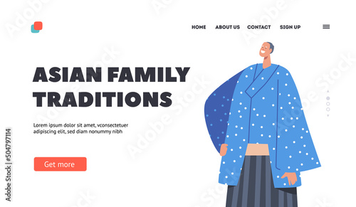 Asian Family Traditions Landing Page Template. Elderly Asian Man wear Blue Kimono, Character Wear Traditional Clothes