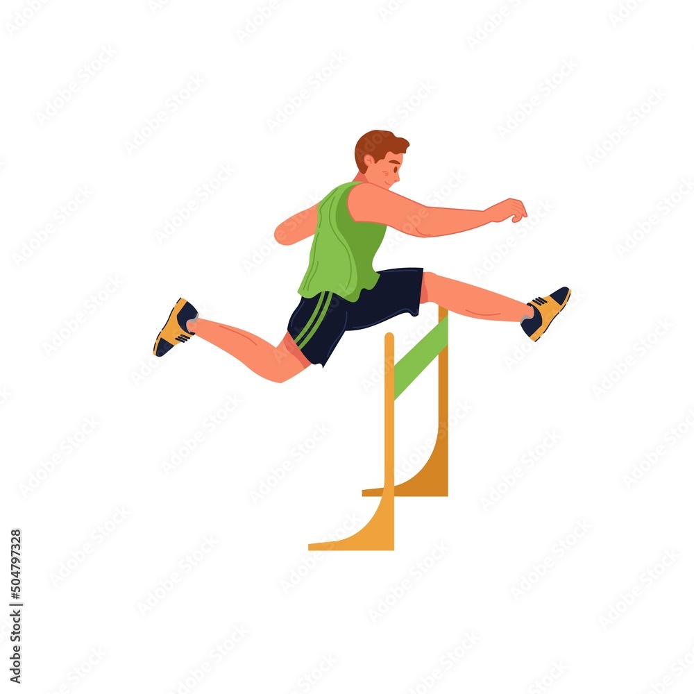 Fototapeta premium Vector flat cartoon man character runs,jumping over barrier isolated on empty background.Young athlete doing sports,hurdling-healthy lifestyle,professional sport concept,web site banner ad design
